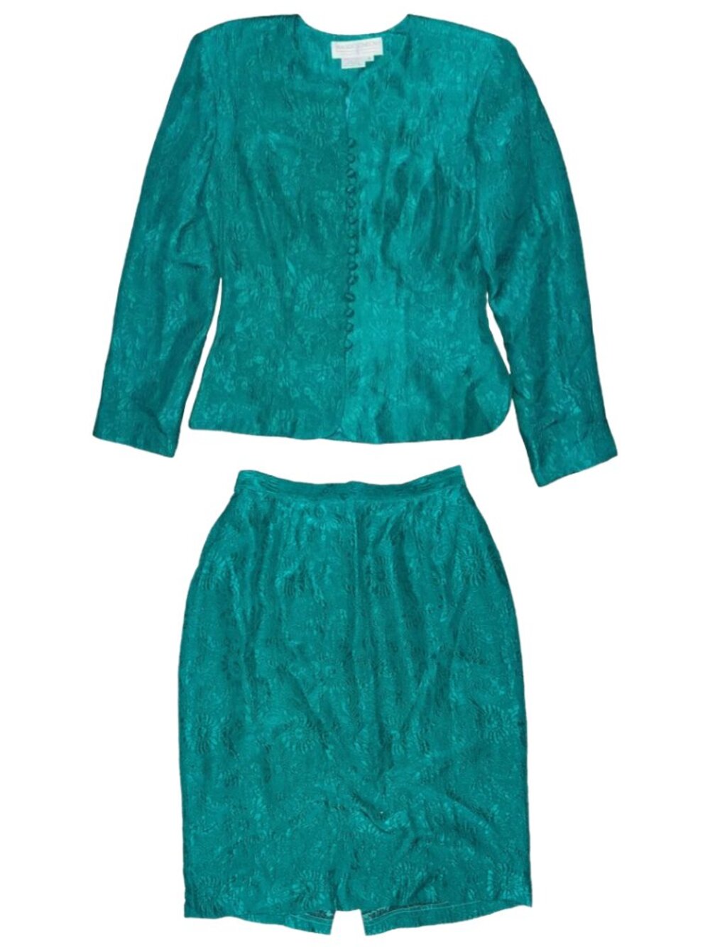 Vintage Maggy London Teal 100% Silk Brocade 2Pc Skirt Suit Set Blazer Deadstock
